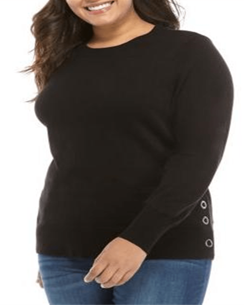 Front of a model wearing a size 0X Michael Kors Women's Plus Side Snap Crewneck Sweater Black Size 0X in Black by Michael Kors. | dia_product_style_image_id:314541